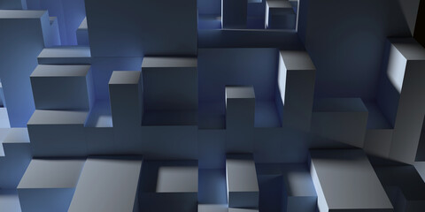 Horizontal abstract volumetric composition of blue parallelepipeds with complex lighting. 