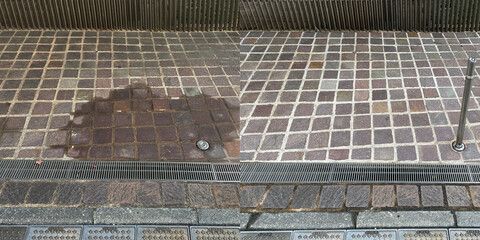 Before and after, oil stain removal and cleaning on an outdoor natural porphyry floor