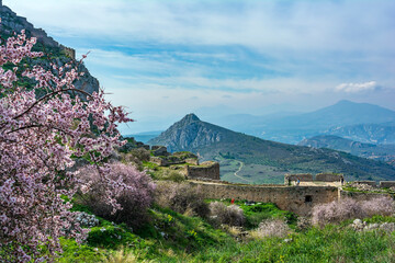 Visitors at Medieval fortress Acrocorinth on a sunny day, Peloponnese, Greece
