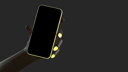 Black man or woman hand holding phone, isolated on background. 3d rendering. Mockup concept set of social media, app, messages and comments.