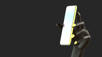 Black man or woman hand holding phone, isolated on background. 3d rendering. Mockup concept set of social media, app, messages and comments.