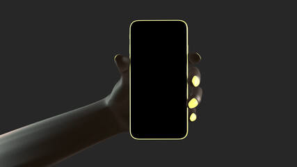 Black man or woman hand holding phone, isolated on background. 3d rendering. Mockup concept set of social media, app, messages and comments.
