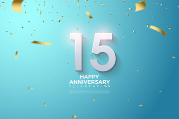 Happy anniversary 15th background with numbers and gold paper falling.