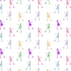 Seamless pattern dancing girl in a hat. Bright illustration for festive postcards design, packages, wallpapers, decorations, stickers and prints.