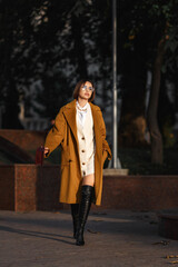 Beautiful girl in coat walking in the city. street style