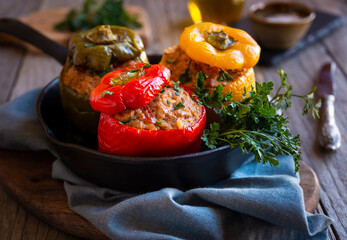 Bell peppers with meat and parsley , stuffed vegetables