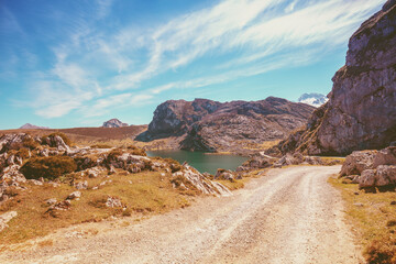 Beautiful mountain landscape. Peaks of Europe (Picos de Europa) National Park. A glacial Lake Enol. Asturias, Spain, Europe