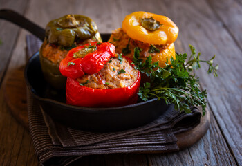 Bell peppers with meat and parsley , stuffed vegetables