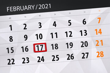 Fototapeta premium Calendar planner for the month february 2021, deadline day, 17, wednesday