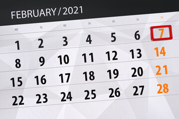 Fototapeta premium Calendar planner for the month february 2021, deadline day, 7, sunday