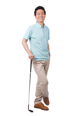 Young man holding golf swing and smiling 