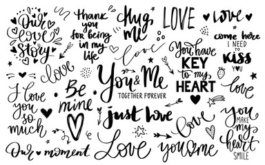 Love lettering quotes collection, Romantic calligraphy phrases, Vector inscriptions isolated on white - obrazy, fototapety, plakaty