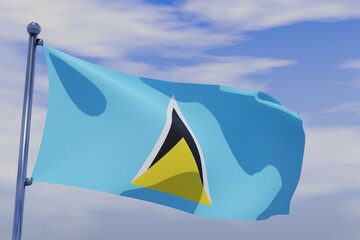 3D illustration of Waving flag of Saint Lucia with chrome flag pole in blue sky waving in the wind. High resolution flag with clarity.