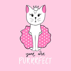 Vector cute princess cat illustration. Hand drawn Stylish kitten art. Doodle Kitty. Cartoon animal isolated on white. Funny character.