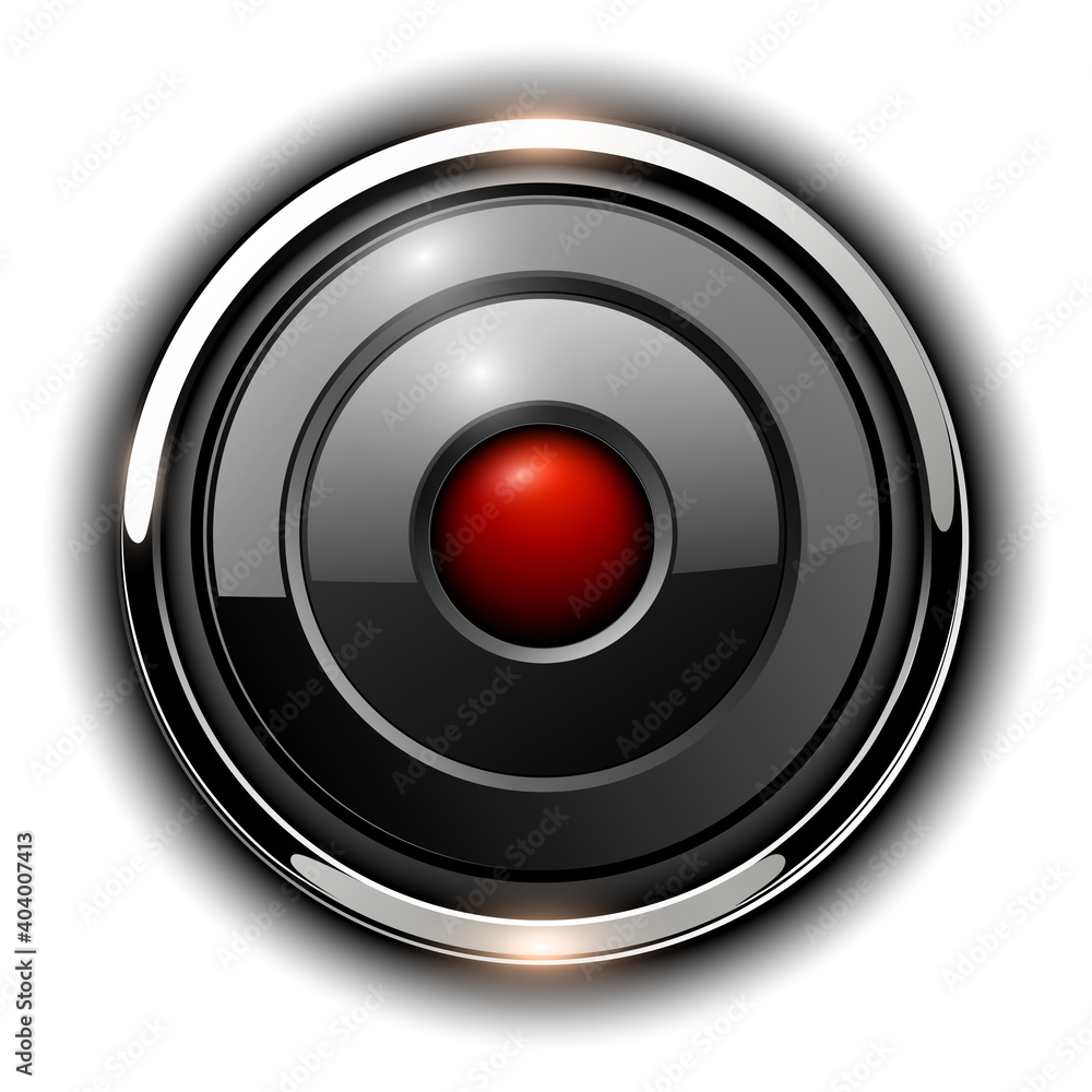 Poster glossy 3d button, silver chrome metallic with red inside, vector shiny icon.