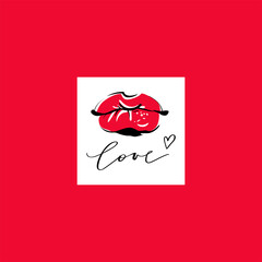 Sexy red lips in Sketch style. Fashion Vector illustration. Love lettering inscription