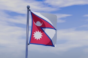 3D illustration of Waving flag of Nepal with chrome flag pole in blue sky waving in the wind. High resolution flag with clarity.