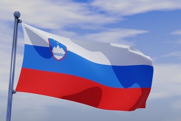 3D illustration of Waving flag of Slovenia with chrome flag pole in blue sky waving in the wind. High resolution flag with clarity.
