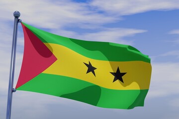 3D illustration of Waving flag of Sao Tome and Principe with chrome flag pole in blue sky waving in the wind. High resolution flag with clarity.