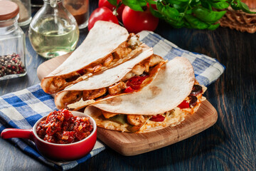 Mexican Quesadilla with chicken, sausage chorizo and red pepper