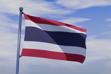 3D illustration of Waving flag of Thailand with chrome flag pole in blue sky waving in the wind. High resolution flag with clarity.