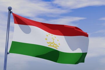 3D illustration of Waving flag of Tajikistan with chrome flag pole in blue sky waving in the wind....