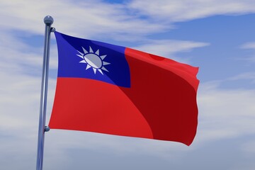 3D illustration of Waving flag of Taiwan with chrome flag pole in blue sky waving in the wind. High...