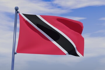 3D illustration of Waving flag of Trinidad and Tobago with chrome flag pole in blue sky waving in...