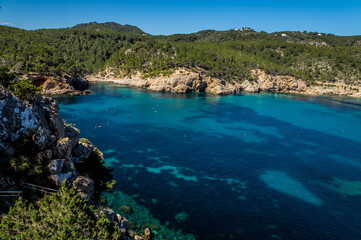 Naklejka premium View on Balearic sea from Ibiza coast, rocks, sunny day of April 2018