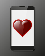 Smartphone, mobile phone isolated with red heart Valentine's Day, realistic illustration