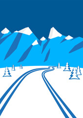 illustration of winter landscape with mountains in the background, cross-country ski run