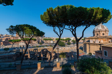 View from the Campidoglio viewpoint of the Forum of Caesar of the Forum of Trajan, the ancient ruins of the Roman Empire, the forum of Augustus and the medieval tower of the Militia. Rome, Lazio Italy