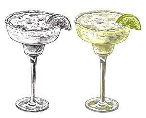 Alcohol classics cocktail margarita glass. Vector vintage hatching