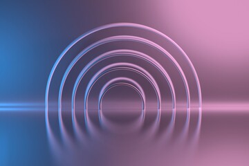 Naklejka premium Abstract room interior with set of round circular tubes with metallic texture colored with pink blue reflective colors.
