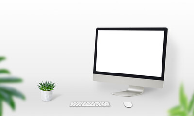 Display mockup on work desk with plants, keyboard and mouse beside. Isolated screen for web desgin promotion