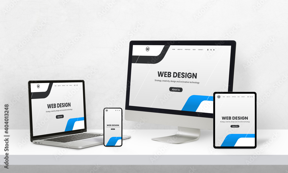 Poster Responsive web page promotion on devices with different display sizes. Web design studio promotion concept