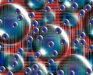 Blue bubbles, spheres, red abstract background