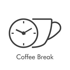 Logotipo Coffee Break. Icono taza de café con reloj simple con lineas en color gris