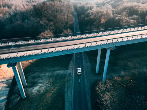 Overhead Top View Of The Car Going By Highway