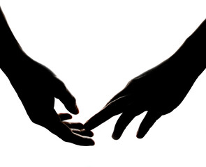 Silhouette of hands on a white background. One hand reaches out to the other, lightly touching it with a finger.