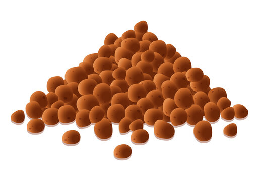 Isometric Vector Illustration Pile Of Expanded Clay Aggregate Isolated On White Background. Realistic Pile Of Expanded Clay Drainage Vector Icon In Flat Cartoon Style. Material For Construction.