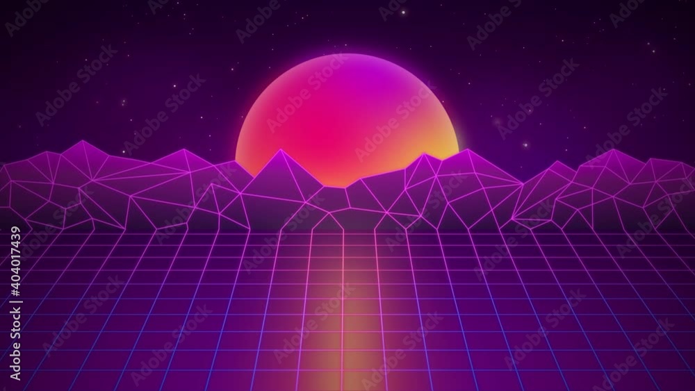 Poster synthwave wireframe net. sunset above the mountains. 80s style, retro futurism background. vhs intro