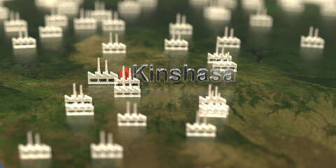 Factory icons near Kinshasa city on the map, industrial production related 3D rendering