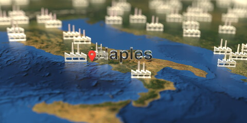 Factory icons near Naples city on the map, industrial production related 3D rendering