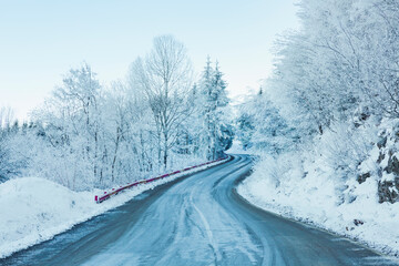 Fototapeta premium Winter landscape, Winter Forest, Winter road and trees covered with snow