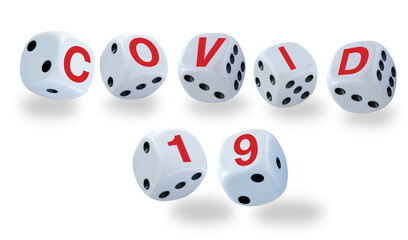 White dices with black eyes numbers spelling COVID 19 in red letters. Pandemic oronavirus concept as a game of dice. Image isolated on white background with drop shadows..
