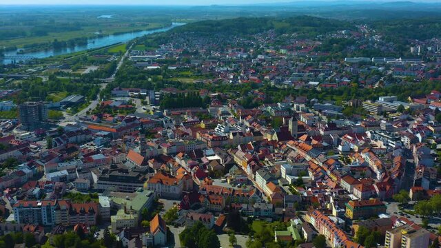 Aerial view of the city Deggendorf in Germany, Bavaria on a sunny spring day 