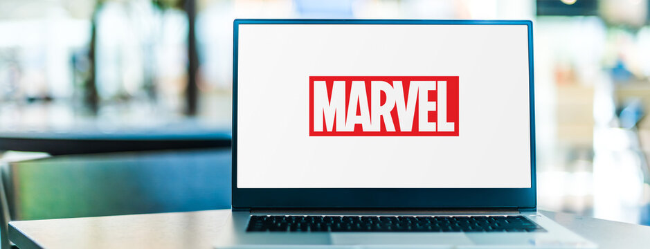 Laptop computer displaying logo of Marvel Entertainment
