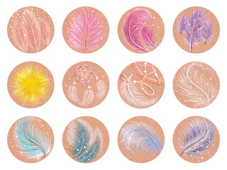 Hand-drawn set of icons with feathers and dreamcatcher drawn with colored pencils on craft paper. For design of social media, highlight covers, stickers, element