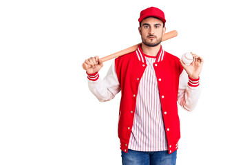 Young handsome man holding baseball bat and ball thinking attitude and sober expression looking self confident